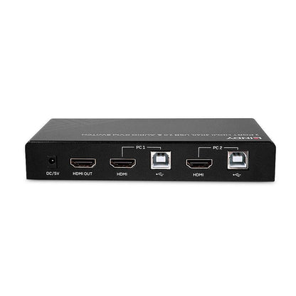 Lindy 2 Port HDMI KVM Switch, 4K60Hz, USB 2.0, Audio, DC/5V strøm, HDMI OUT, porte til PC1 og PC2.