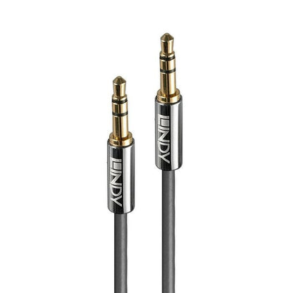 Lindy 3.5mm Cromo Line lydkabel 2m, guldforgyldte stereo jack stik, Lindy logo på metalkappe, til kabler side om side.