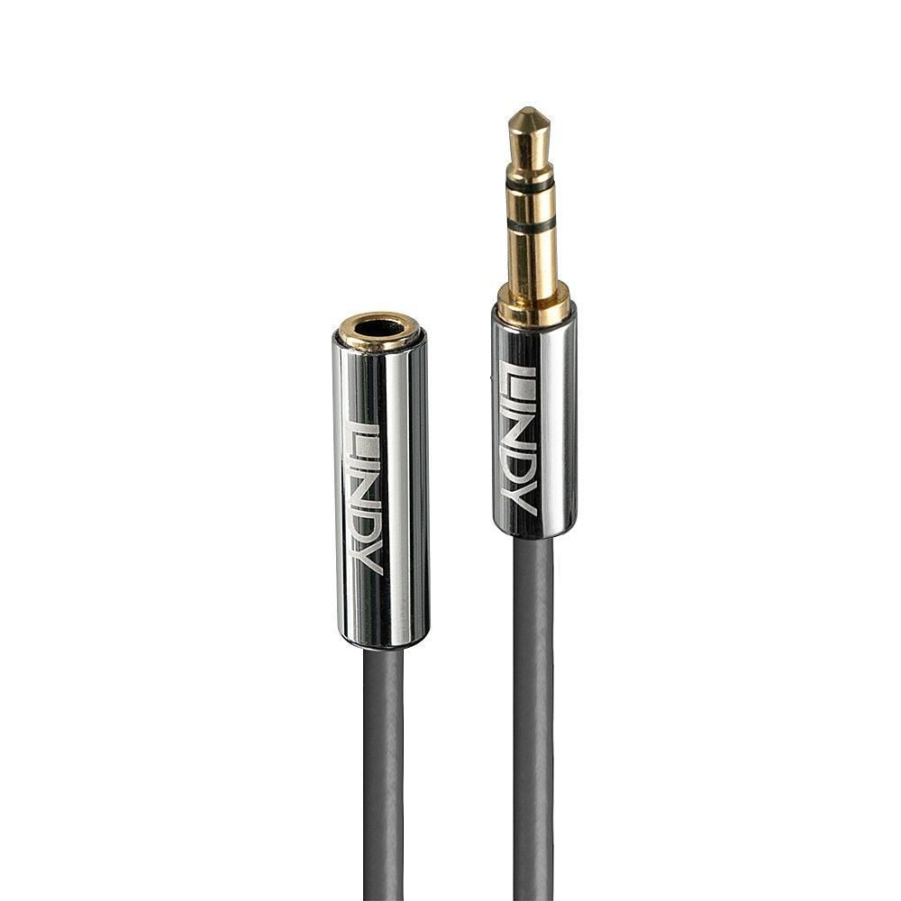 LINDY 3.5mm forlængeledning Cromo Line 5m sort kabel med sølvfarvede stik, én han og én hun minijack, LINDY mærket.