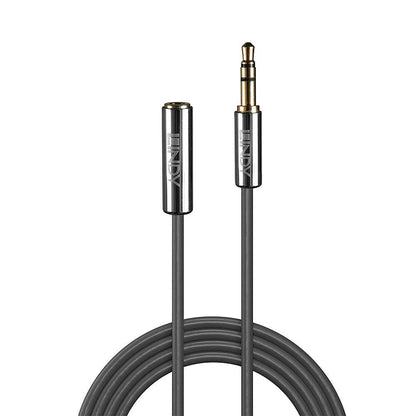Lindy 3,5 mm forlængeledning Cromo Line 1m, sort spiralkabel med 3,5 mm han-til-hun stik i sølvfarvet cromo-hus.