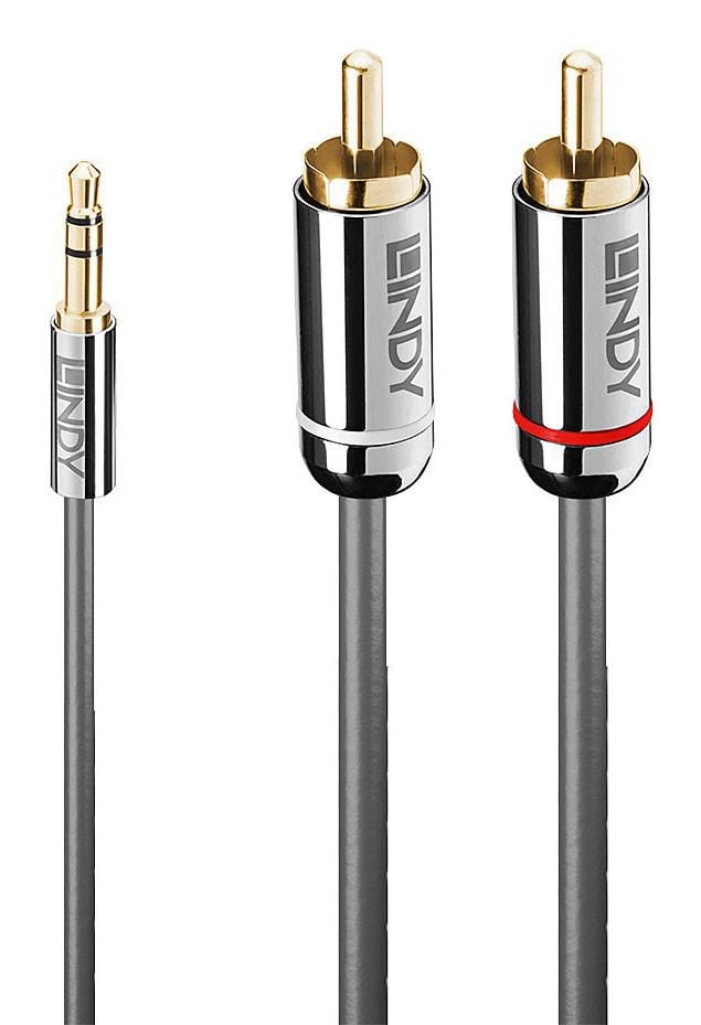 Lindy 3,5mm til phono audiokabel Cromo Line 1m, grå, guldbelagt 3,5mm minijack og to RCA-stik, ét med rød ring.