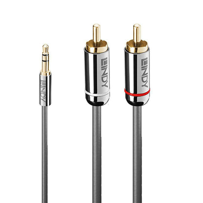 Lindy 3,5 mm til phono lydkabel Cromo Line 3m, 3,5 mm han til to guldbelagte RCA stik, én med rød ring.