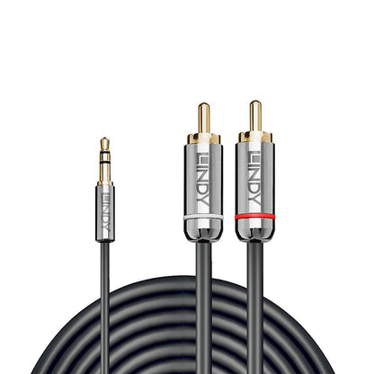 Lindy 3,5 mm til phono lydkabel Cromo Line 3 m sort, 3,5 mm jack til to RCA stik (rød/hvid), analog.