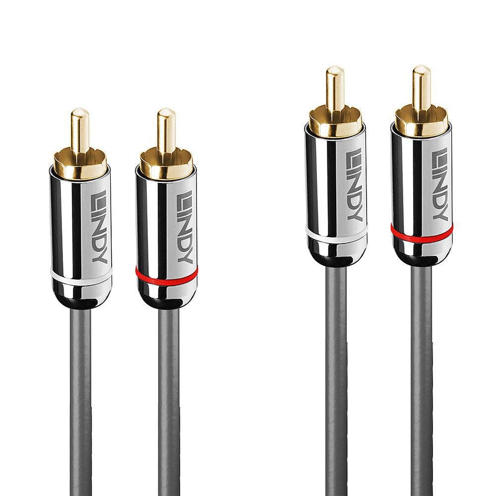 Lindy Dual Phono Audio Cable Cromo Line 2m med to grå RCA-stik, guldbelægning, Lindy-logo, røde/hvide kanalringe.