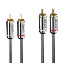 Lindy Dual Phono Audio Cable Cromo Line 3m, til grå RCA-kabler med sølvstik, ét med rød ring og ét med hvid ring.
