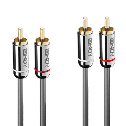 Lindy Dual Phono Audio Cromo Line 5 m grå, guldbelagt stik, sølv-hus med røde/hvide ringe.