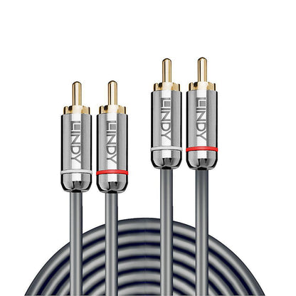 Lindy Dual Phono Audio Cable Cromo Line 1m, grå spiral RCA med guldbelagte stik, røde og hvide ringe, Lindy-logo.