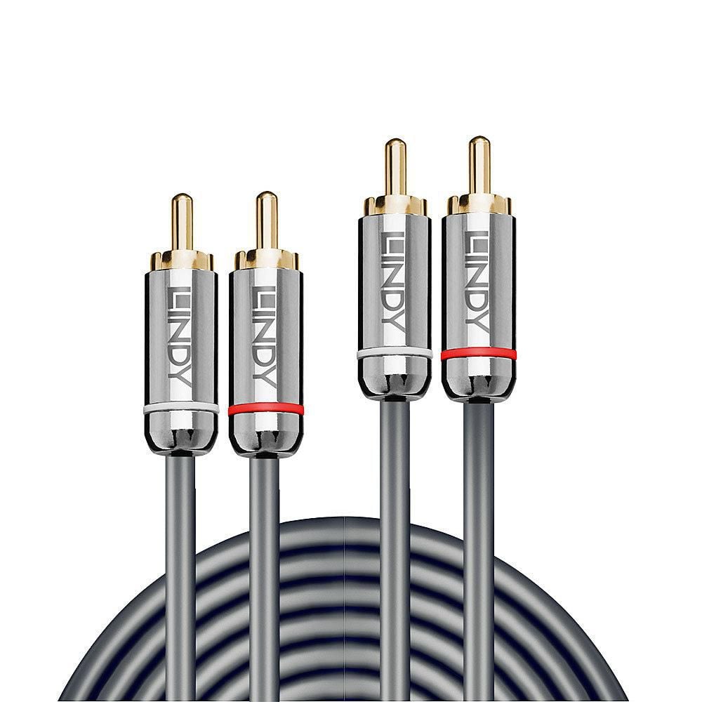 Lindy Dual Phono Audio Cable Cromo Line 2 m, guldbelagt RCA-stik med sorte/røde ringe og sort spiralformet kabel.