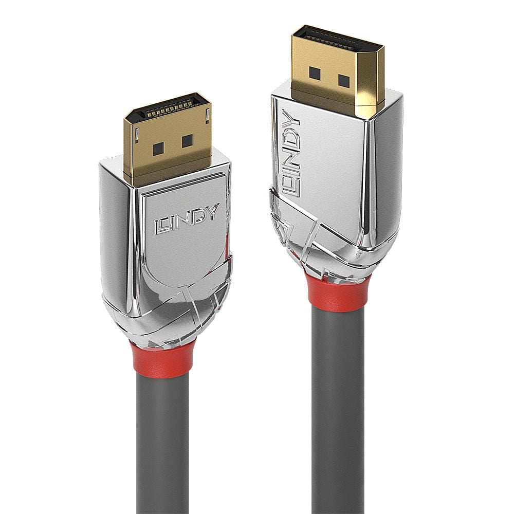 Lindy DisplayPort 1.2 Cromo Line kabel 3 m, guldbelagt stik, sølvfarvet hus med røde detaljer, understøtter 4K 120 Hz.