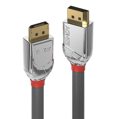 Lindy DisplayPort 1.2 Cromo Line kabel 5 m, guldbelagt stik, sølvfarvede huse, sorte ender med røde ringe.
