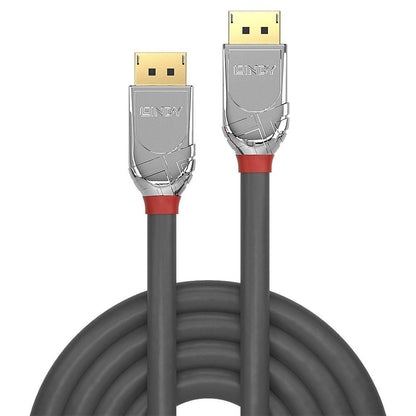 LINDY DisplayPort 1.2 Cromo Line kabel 3 m med sølv/guldfarvede stik, rødt bånd og synligt "LINDY"-logo.
