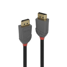 Lindy DisplayPort 1.4 Anthra Line kabel 7,5 m med guldbelagt stik, grå/røde kontakter, sort design, understøtter 8K.