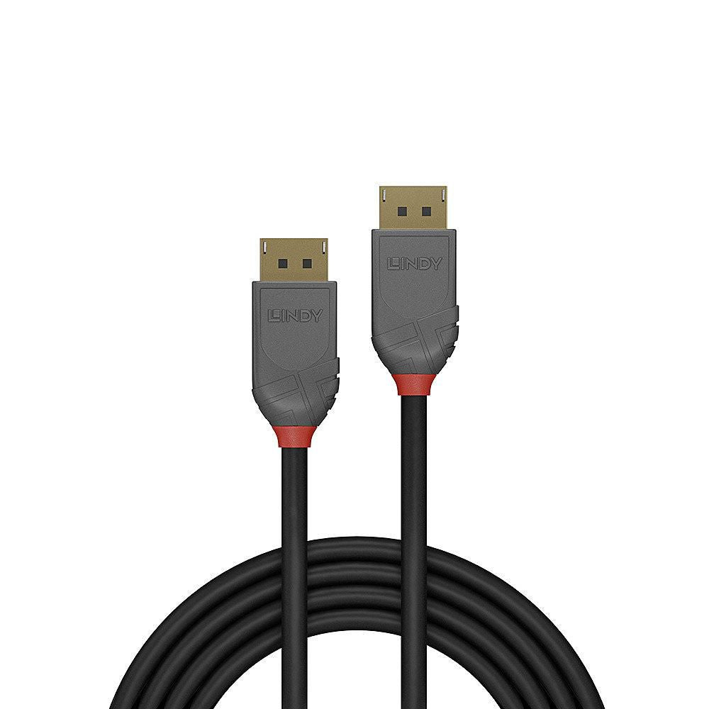 Lindy DisplayPort 1.4 kabel Anthra Line 7,5m, grå rektangulær stik med Lindy-logo, understøtter 8K.