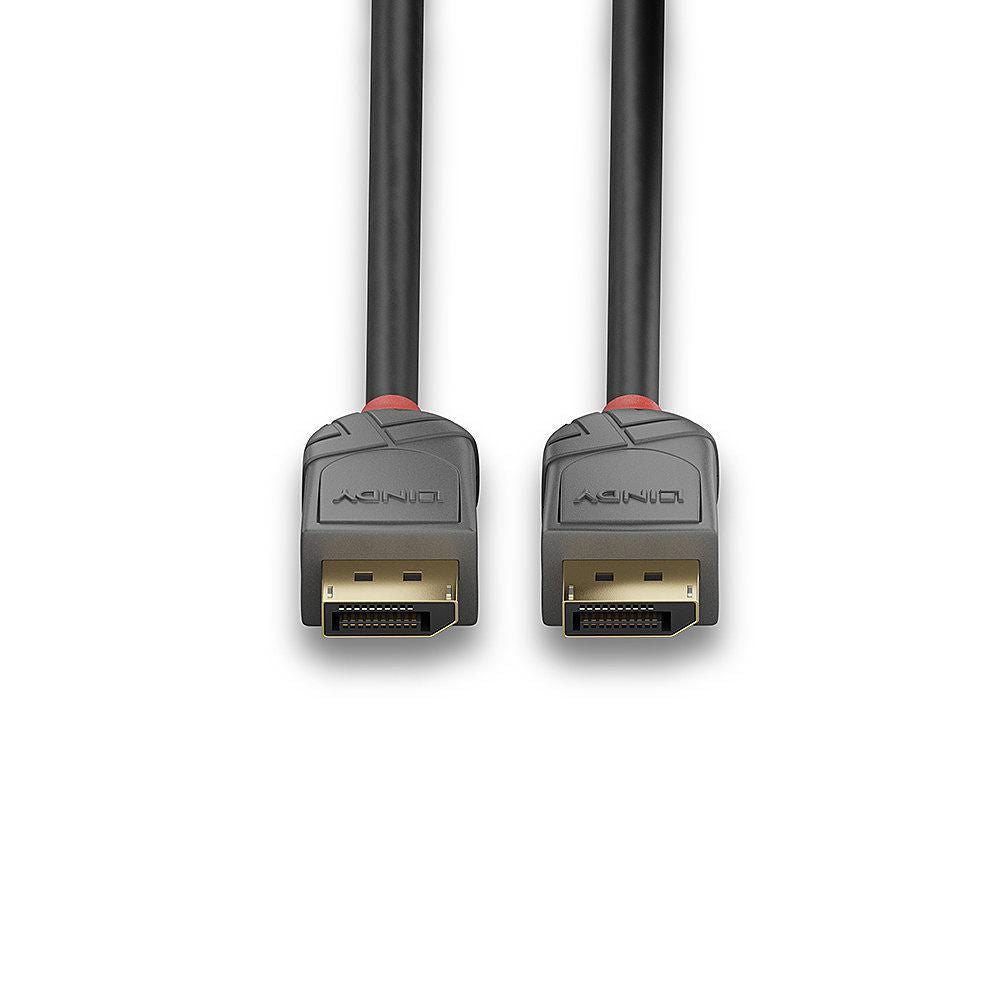 Anthra Line 1.4 DisplayPort kabel, sort, 5 meter, understøtter 8K, grå stik med røde detaljer, 2 stk side om side.