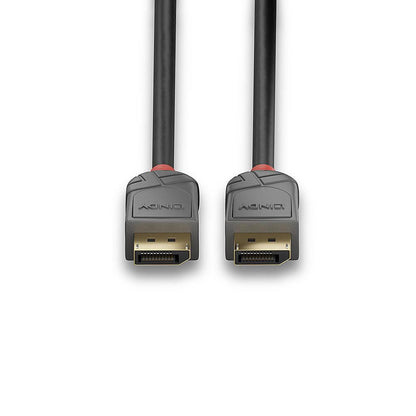 Anthra Line 1.4 DisplayPort kabel, sort, 5 meter, understøtter 8K, grå stik med røde detaljer, 2 stk side om side.