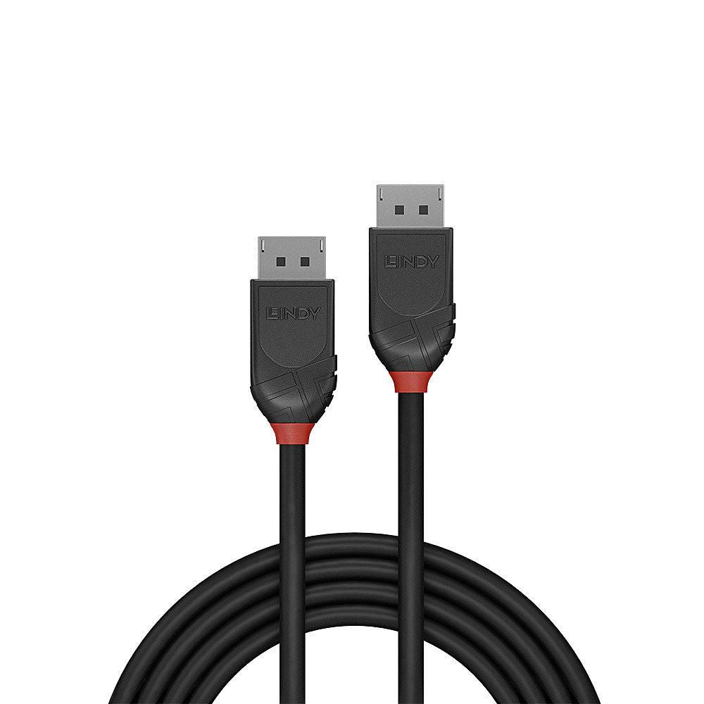 2 stk. sorte Lindy DisplayPort 1.2 Black Line kabler 0,5m med rødt stik-accenter og synligt LINDY-logo.