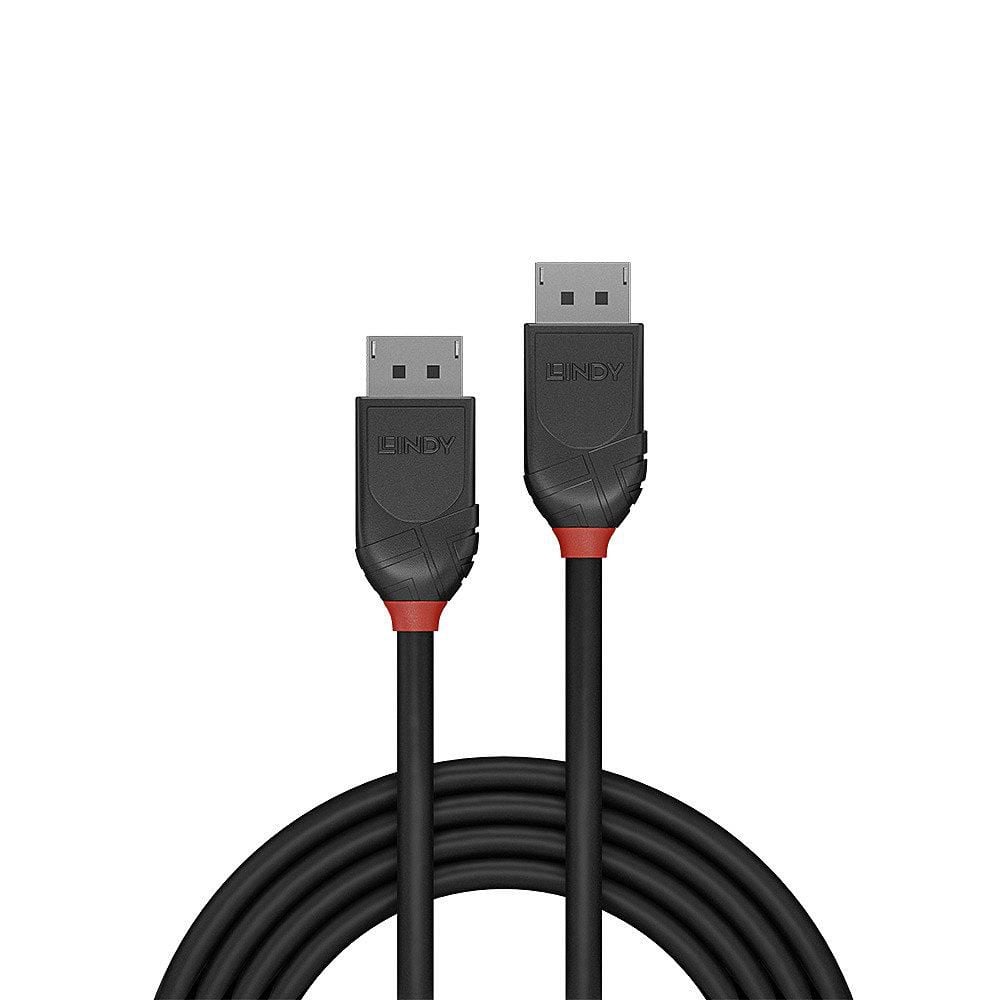 Lindy DisplayPort 1.2 Black Line kabel 2m sort spiral med to rektangulære stik og røde detaljer, understøtter 4K 120Hz.