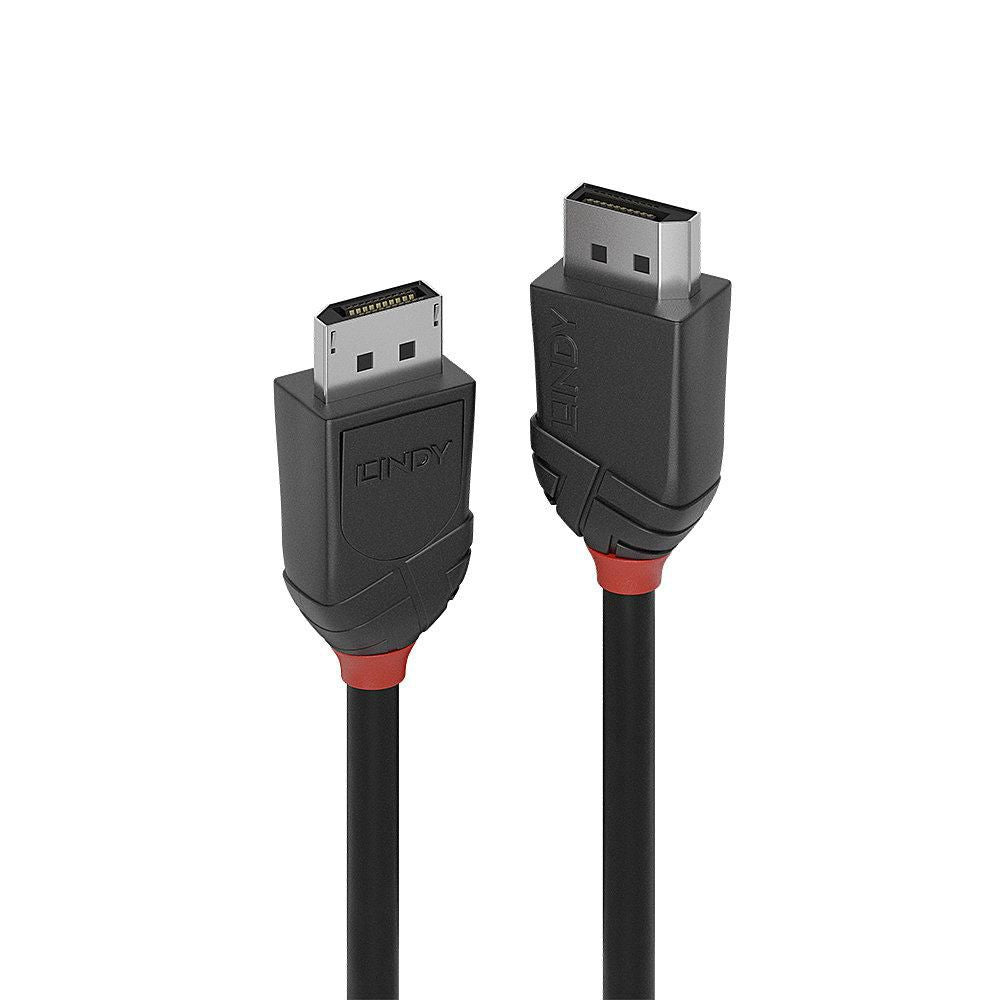 LINDY DisplayPort 1.2 kabel Black Line 0.5m med to rektangulære metalstik, sort kabinet, røde detaljer, høj opløsning.