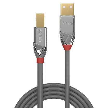 USB 2.0 A til B Cromo Line kabel 5m grå, metallisk stik, guldbelagte spidser, røde detaljer ved kabelindgang.
