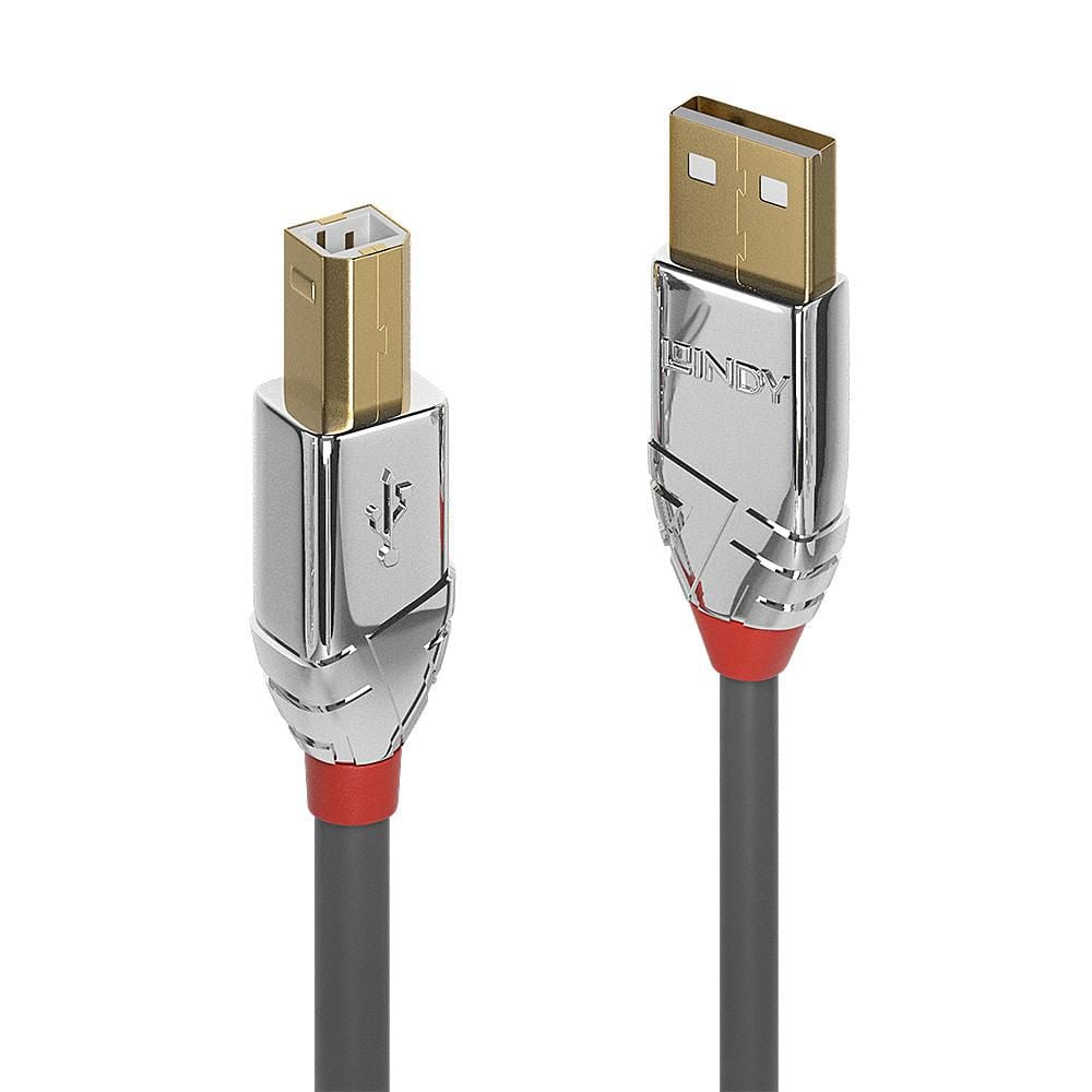Lindy USB 2.0 Type A til B Cromo Line kabel 5m, guldbelagte stik, krom metalhuse, røde støvler, grå kabeljakke.