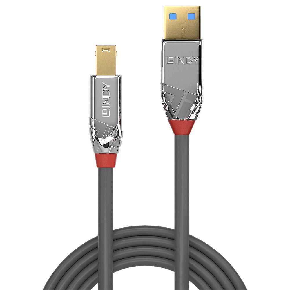 Lindy USB 3.2 Type A til B Cromo Line kabel 1m, sort spiral, sølv USB-A og B stik med røde detaljer, USB 3.2 Gen 1.