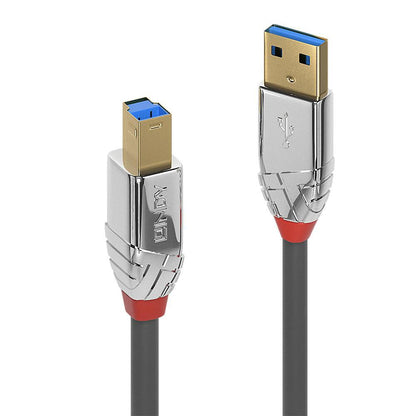 Lindy USB 3.2 Type A til B Cromo Line kabel 1 m, sølv stik, blå detaljer, sort isolering, rød ved kabelender.