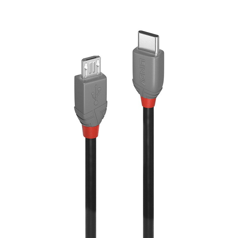 Lindy USB 2.0 Type-C til Micro-B Anthra Line-kabel, 1 meter, sort, grå/rød, med USB-C- og Micro-B-stik.