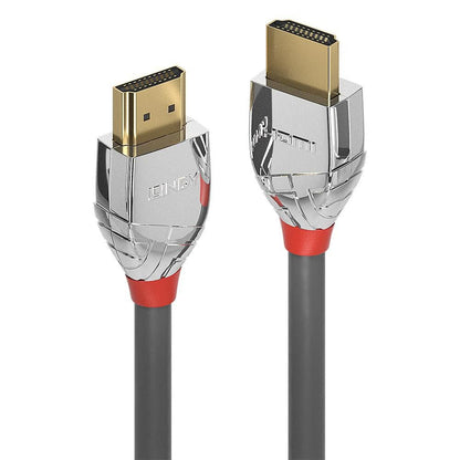 Lindy HDMI 2.0 Cromo Line kabler 7,5 m, sorte med sølvstik, guldbelagte spidser, røde ringe og LINQY/HDMI logo.