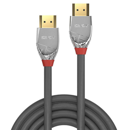 Lindy HDMI 2.0 Cromo Line kabel 7,5m sort, sølv stik med røde detaljer, Lindy logo på metalkontakter.