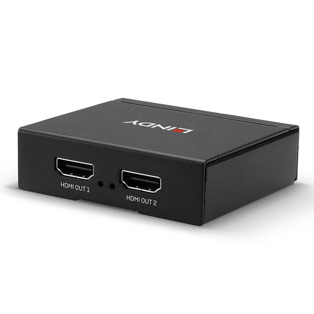 Lindy 2-Port HDMI 10.2G splitter i sort med to front HDMI-porte mærket HDMI OUT 1 og HDMI OUT 2, Lindy-logo på toppen.