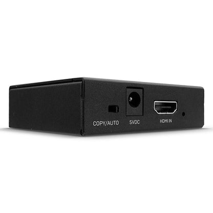 Lindy 2-Port HDMI 10.2G Splitter i sort med COPY/AUTO-mærkede porte, 5VDC power input og HDMI IN port.