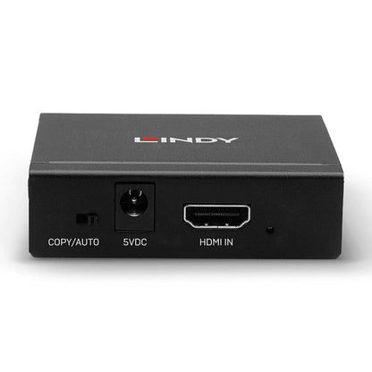 Lindy 2-Port HDMI 10.2G Splitter sort, bagfra med COPY/AUTO, 5VDC strøm og HDMI IN porte, rektangulær.