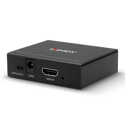 Lindy 2-Port HDMI 10.2G Splitter i sort med COPY/AUTO, 5VDC samt HDMI IN porte synlige på frontpanelet.