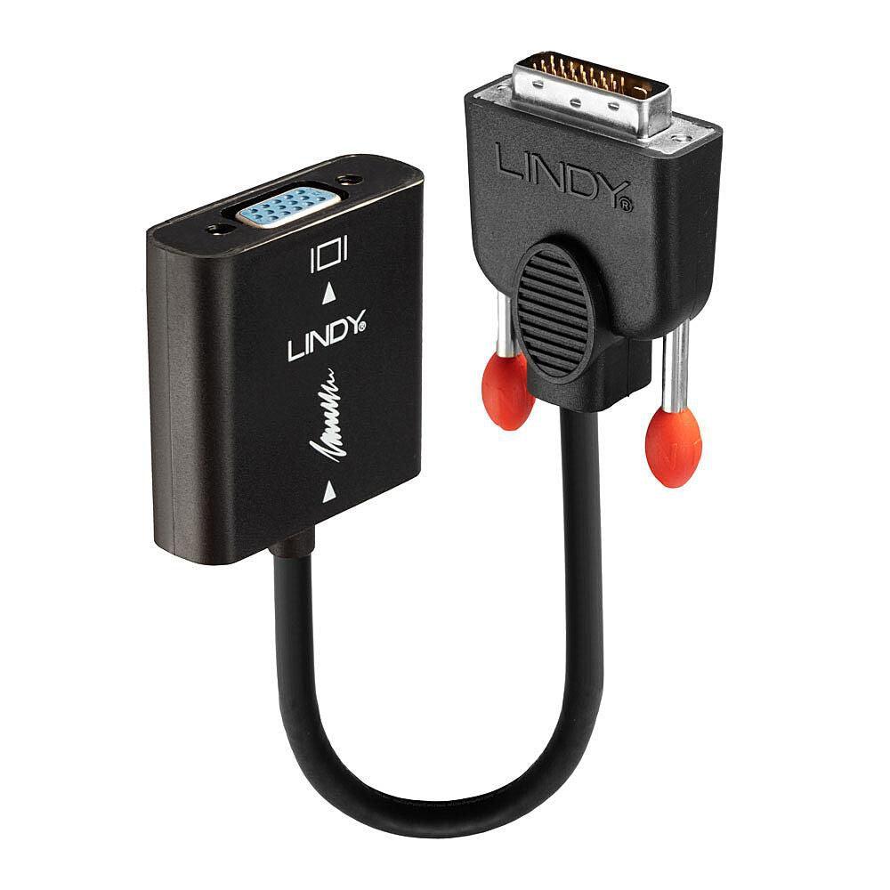 DVI-D til VGA-adapter sorteret med DVI-stik, VGA hun-port og orange-tippede skruer.