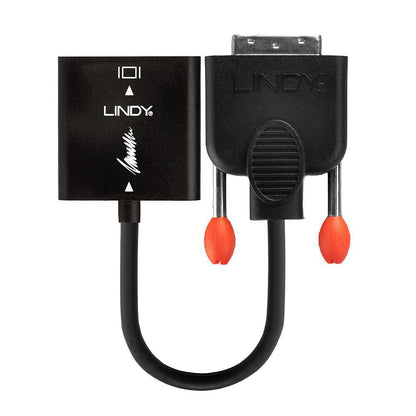 DVI-D til VGA Converter sort med orange-tippede tommelskruer på VGA-stikket.