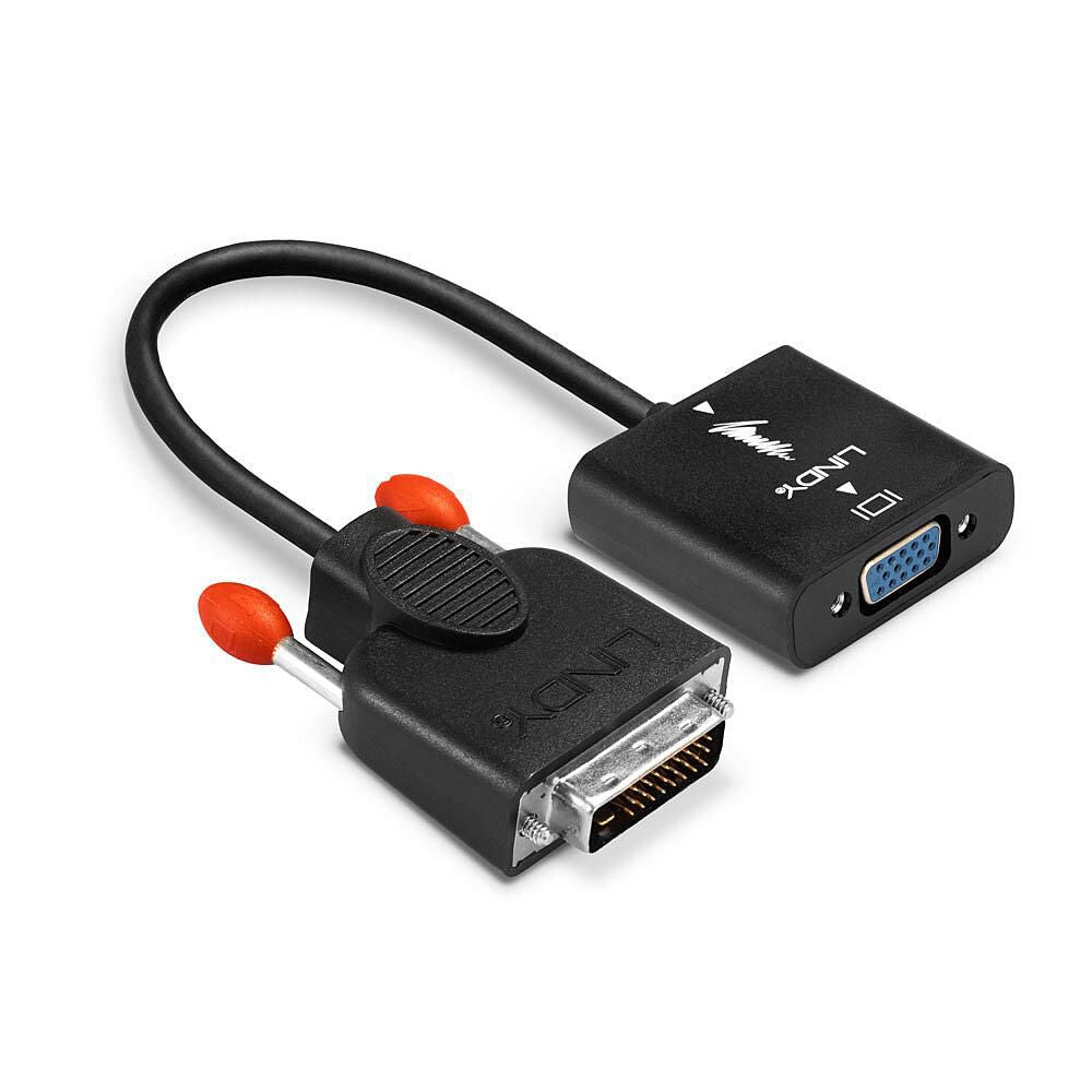 Lindy DVI-D til VGA adapter sort med DVI-stik med til orange beskyttelseshætter og VGA-port, begge mærket Lindy.