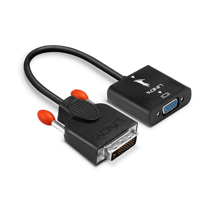 Lindy DVI-D til VGA adapter sort med DVI-stik med til orange beskyttelseshætter og VGA-port, begge mærket Lindy.