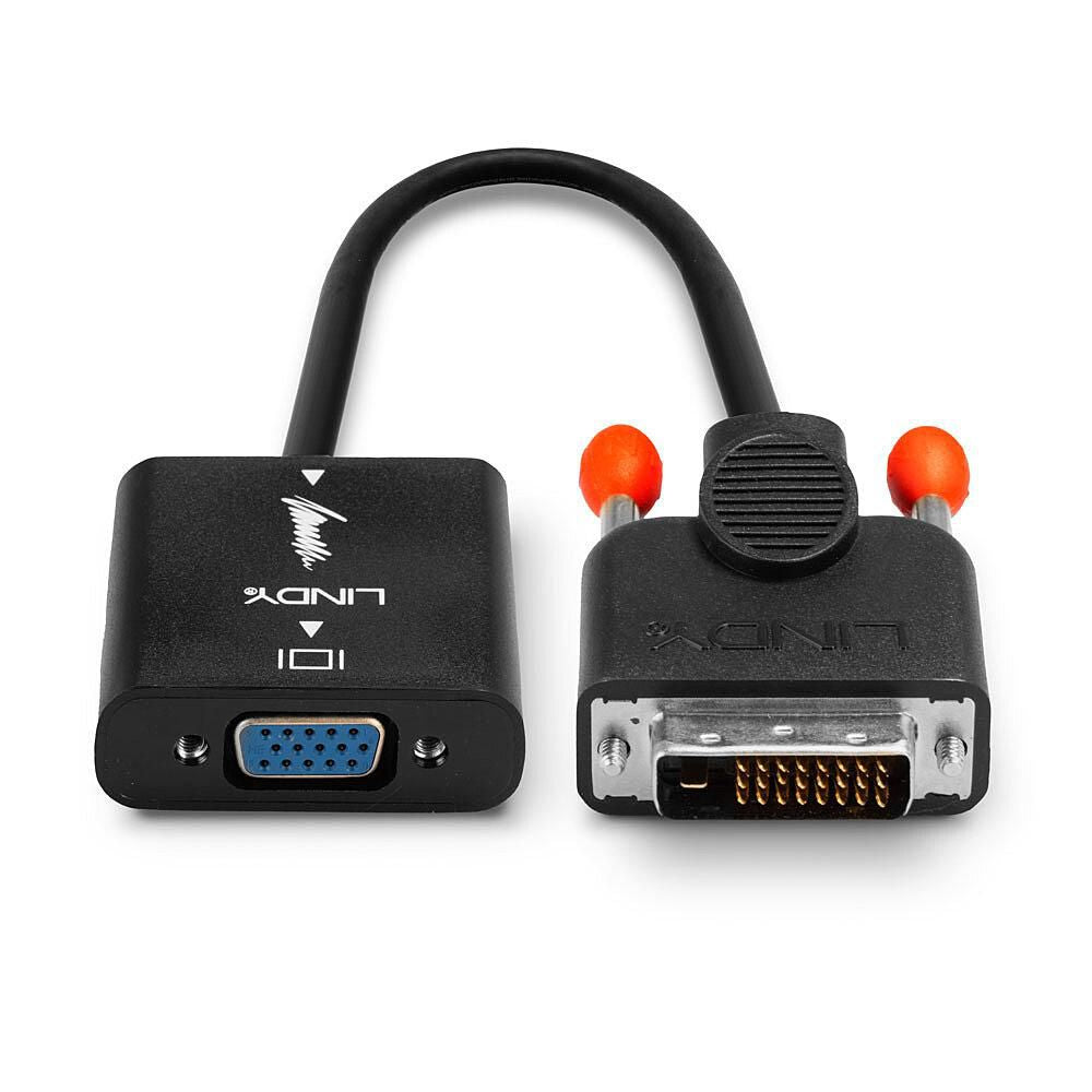 Lindy DVI-D til VGA adapter, sort, Lindy-logo, VGA hun og DVI han stik med to orange skruer.