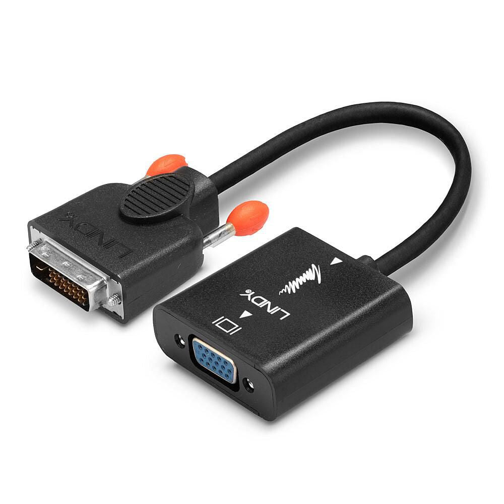 Lindy DVI-D til VGA konverter, sort adapterkabel med DVI han-stik og VGA hun-port, begge med Lindy logo.