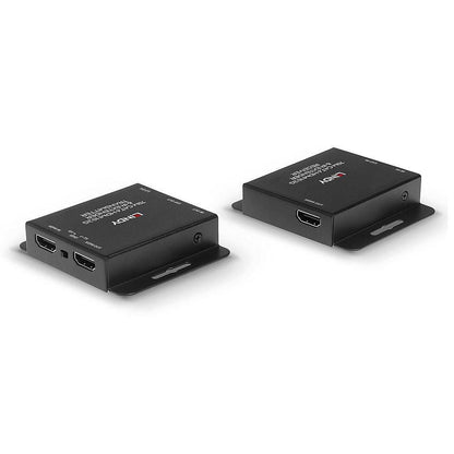 Cat.6 til HDMI Extender 4K30Hz 70m, sort, til enheder med HDMI-porte og topmærkning, placeret side om side.