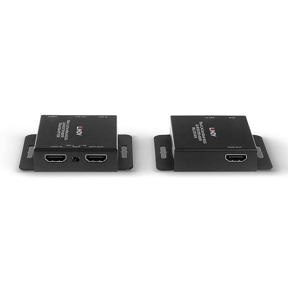 Cat.6 til HDMI Extender 4K30Hz 70m, til bokse med HDMI-port, monteringsplader og labels til sender og modtager.