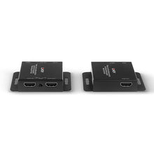 Cat.6 til HDMI Extender 4K30Hz 70m, til bokse med HDMI-port, monteringsplader og labels til sender og modtager.