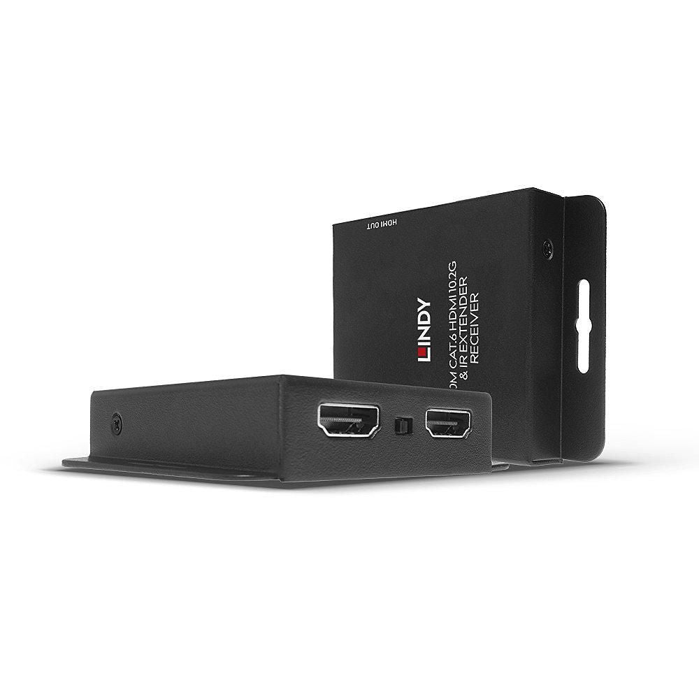 Lindy Cat.6 til HDMI Extender 4K30Hz 70m sort, to front HDMI-porte, Lindy-logo og produktinfo synligt på kabinettet.