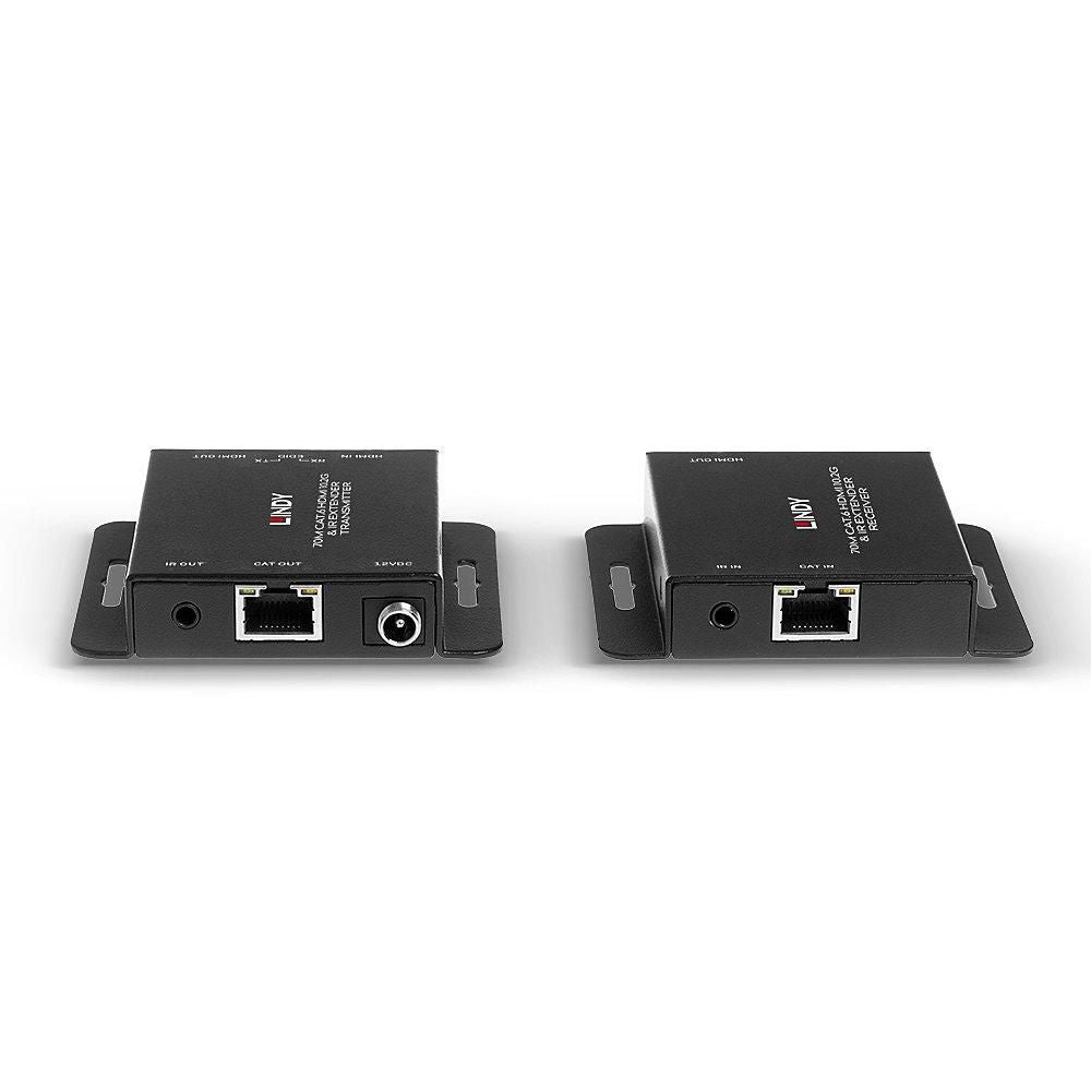 Cat.6 til HDMI Extender 4K30Hz 70m sort, til enheder med monteringsbeslag, Ethernet-porte, en med strømindgang.