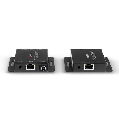 Cat.6 til HDMI Extender 4K30Hz 70m sort, til enheder med monteringsbeslag, Ethernet-porte, en med strømindgang.