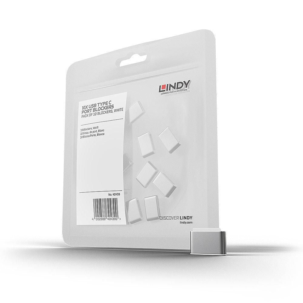 Lindy USB Type C Port Blocker 10-pak, hvide rektangulære blokeringsstik i genlukkelig pose med mærkat.