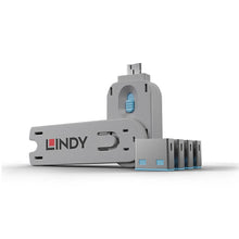 Lindy USB-A Port Blocker blå 4-pak med fire blå USB-A portblokkere.
