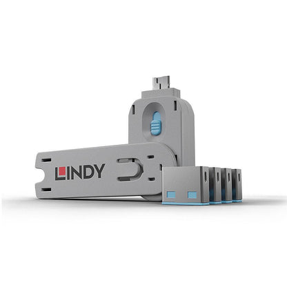 Lindy USB-A Port Blocker blå 4-pak med fire blå USB-A portblokkere.