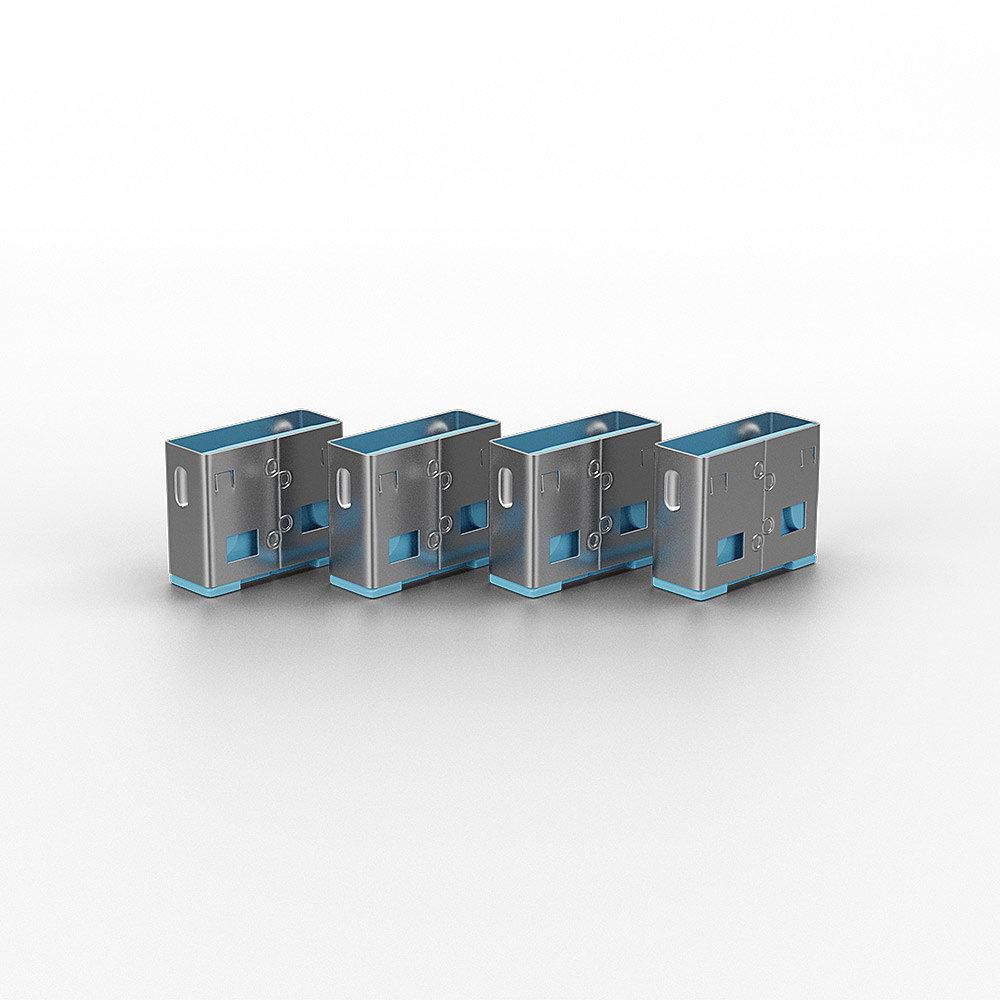 Lindy USB-A Port Blocker 4-pack blå, mekanisk USB-lås, fire ens enheder på række.