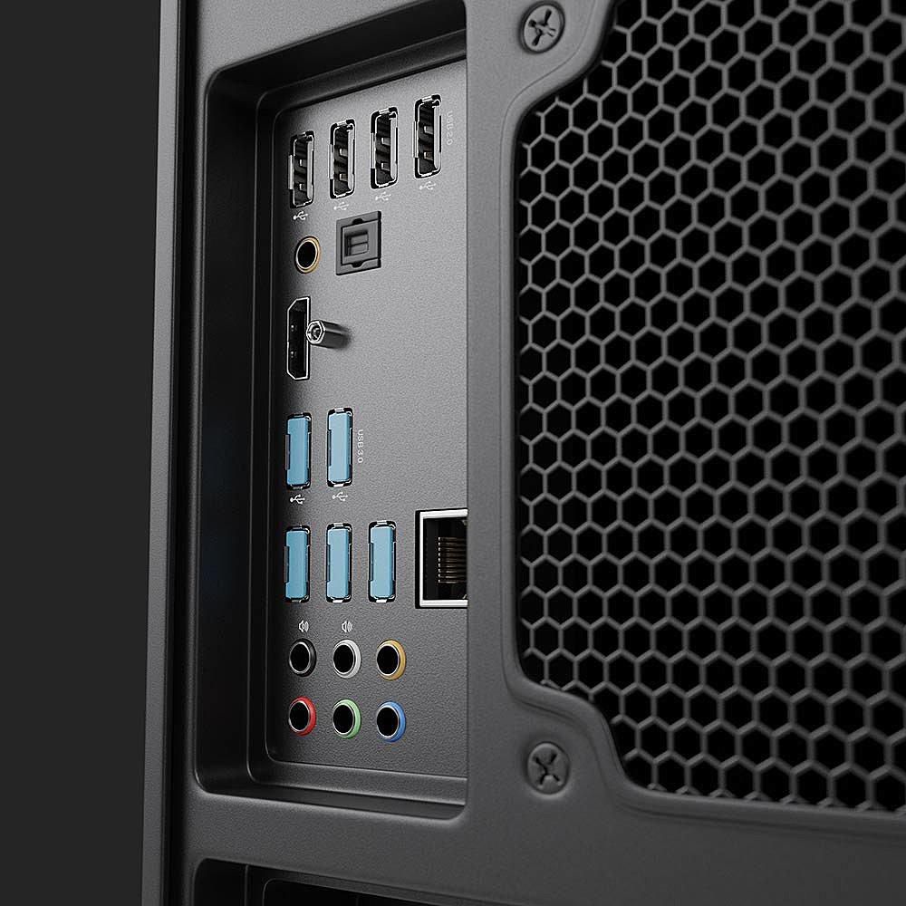 Lindy USB-A Port Blocker Blå 4-pak monteret på USB Type-A port, HDMI, Ethernet, audioporte og ventilationsgitter synlige.